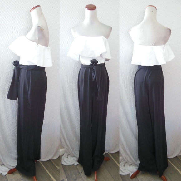 NEW LOVE BY THEIA Black & White STRAPLESS Tie Waist RUFFLE Cocktail JUMPSUIT 12 - Picture 4 of 16